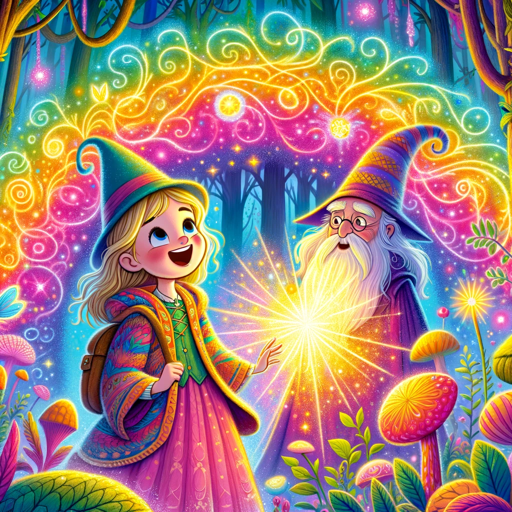 A colourful cartoon picture of a little girl and a wizard under a magic rainbow in a magic forest.
