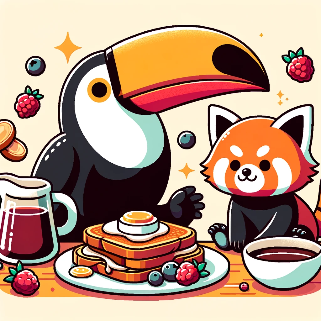 A synthetic cartoon image of a toucan and a red panda eating french toast